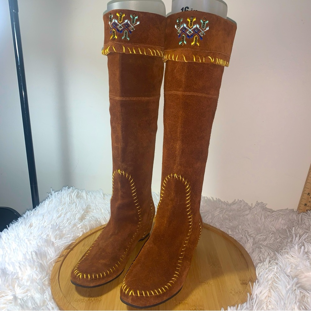 Aldo Brown Suede Knee-High Wedge Boots with Embroidered Cuff